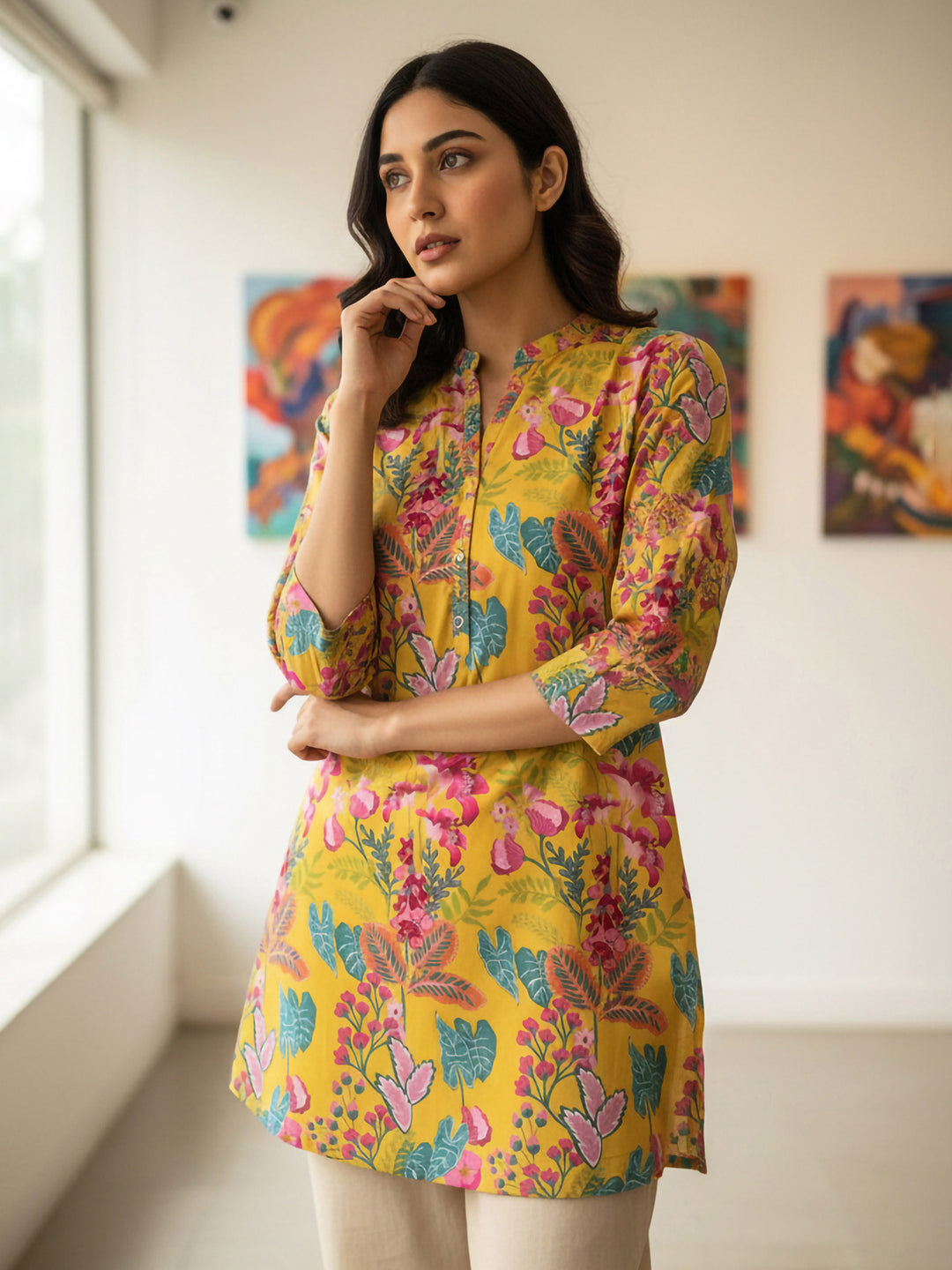 Yellow Cotton Blend Printed Kurta