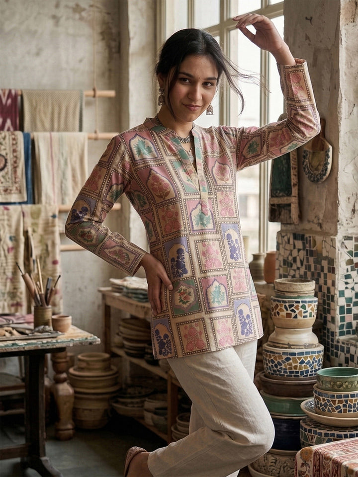 Blue Cotton Blend Printed Kurta