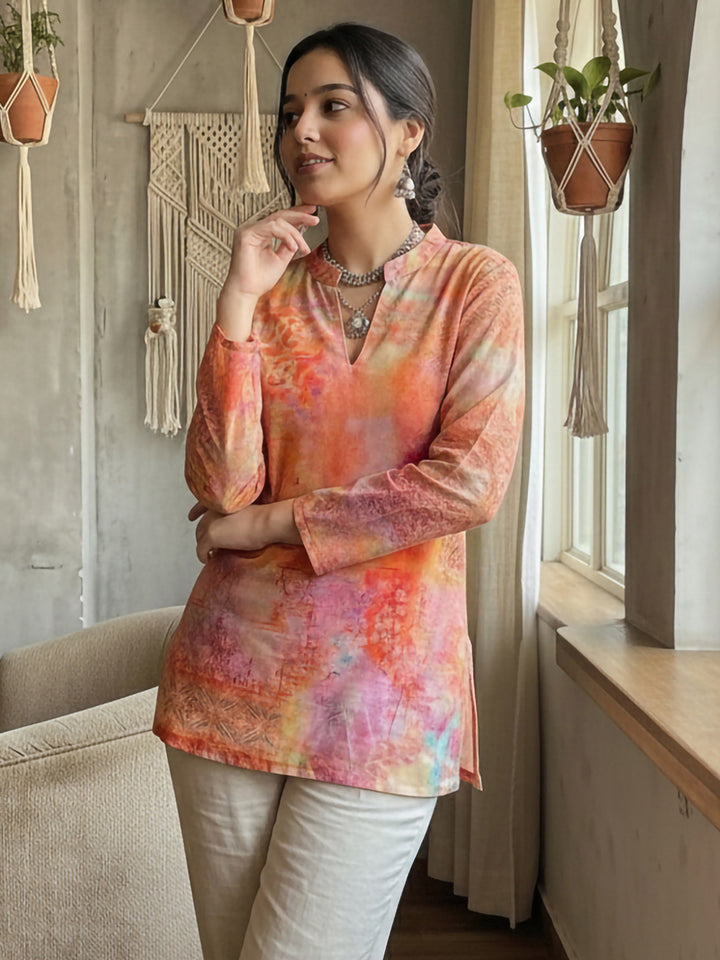 Orange Cotton Blend Printed Kurta