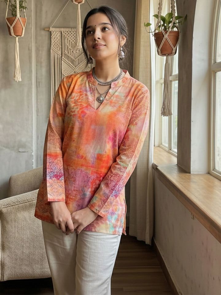 Orange Cotton Blend Printed Kurta
