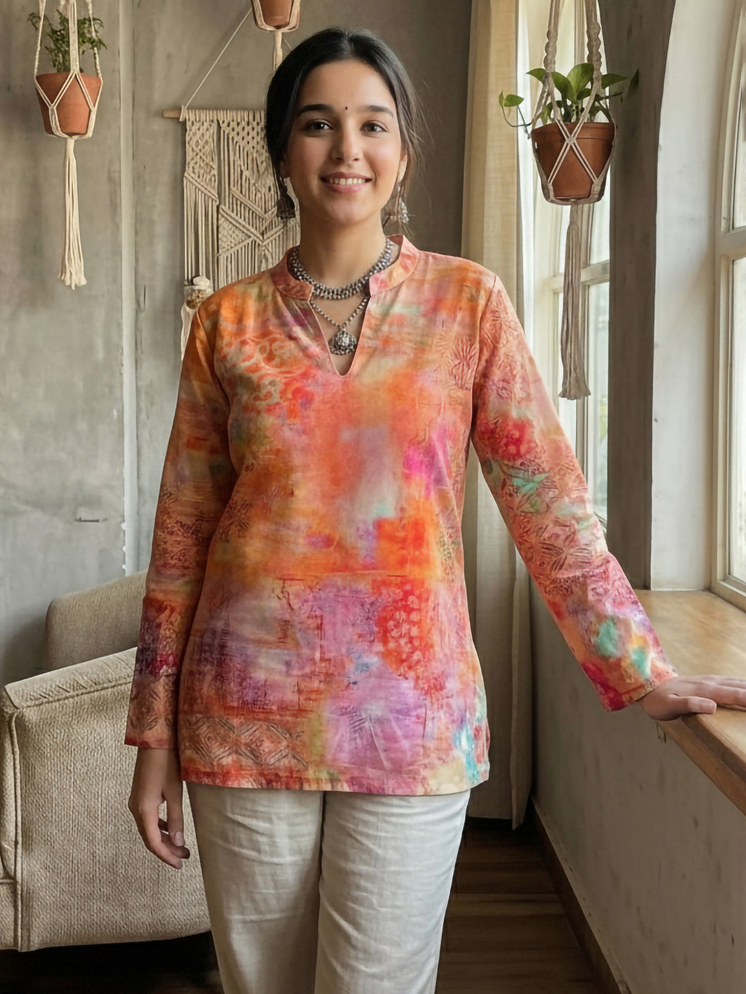 Orange Cotton Blend Printed Kurta