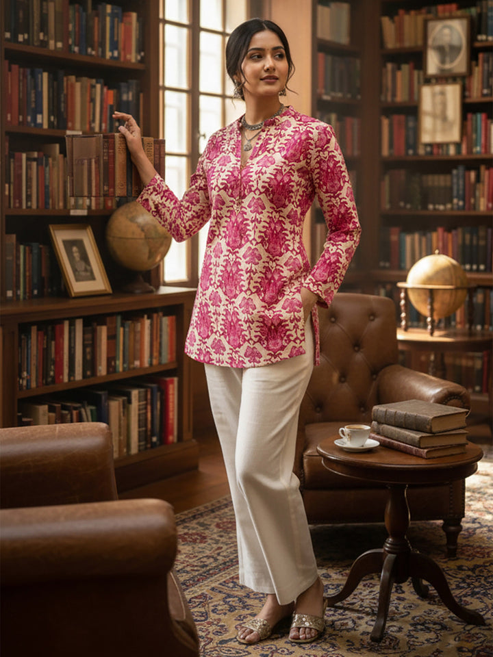 Pink Cotton Blend Printed Kurta