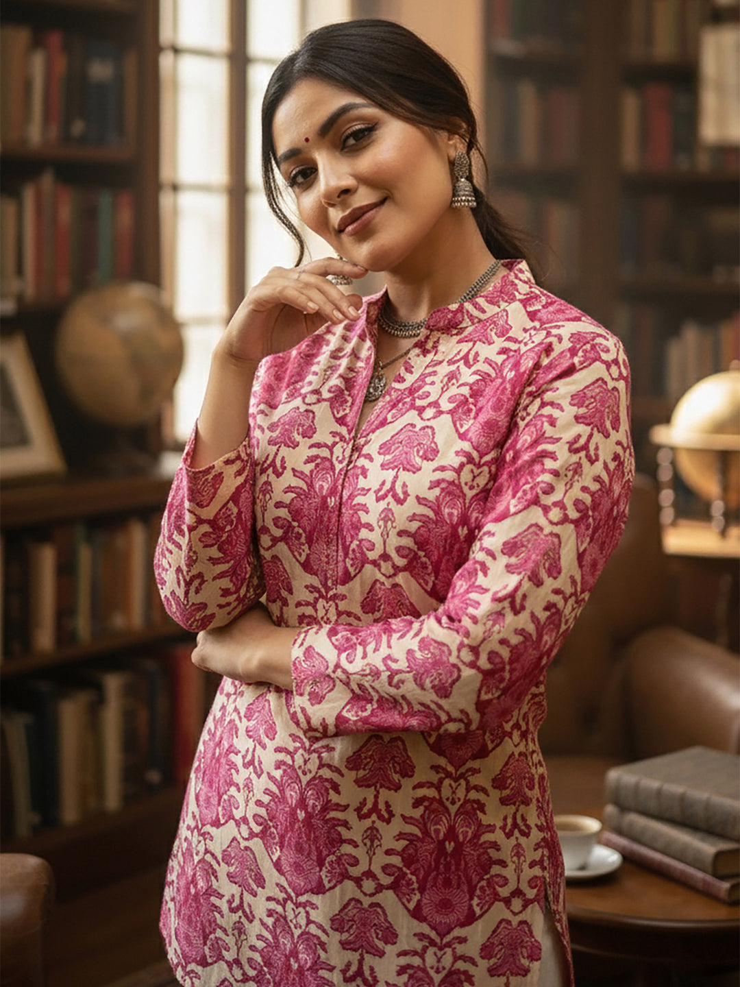Pink Cotton Blend Printed Kurta