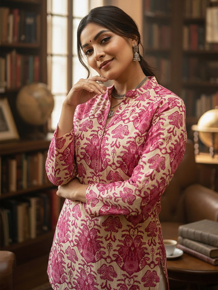 Pink Cotton Blend Printed Kurta