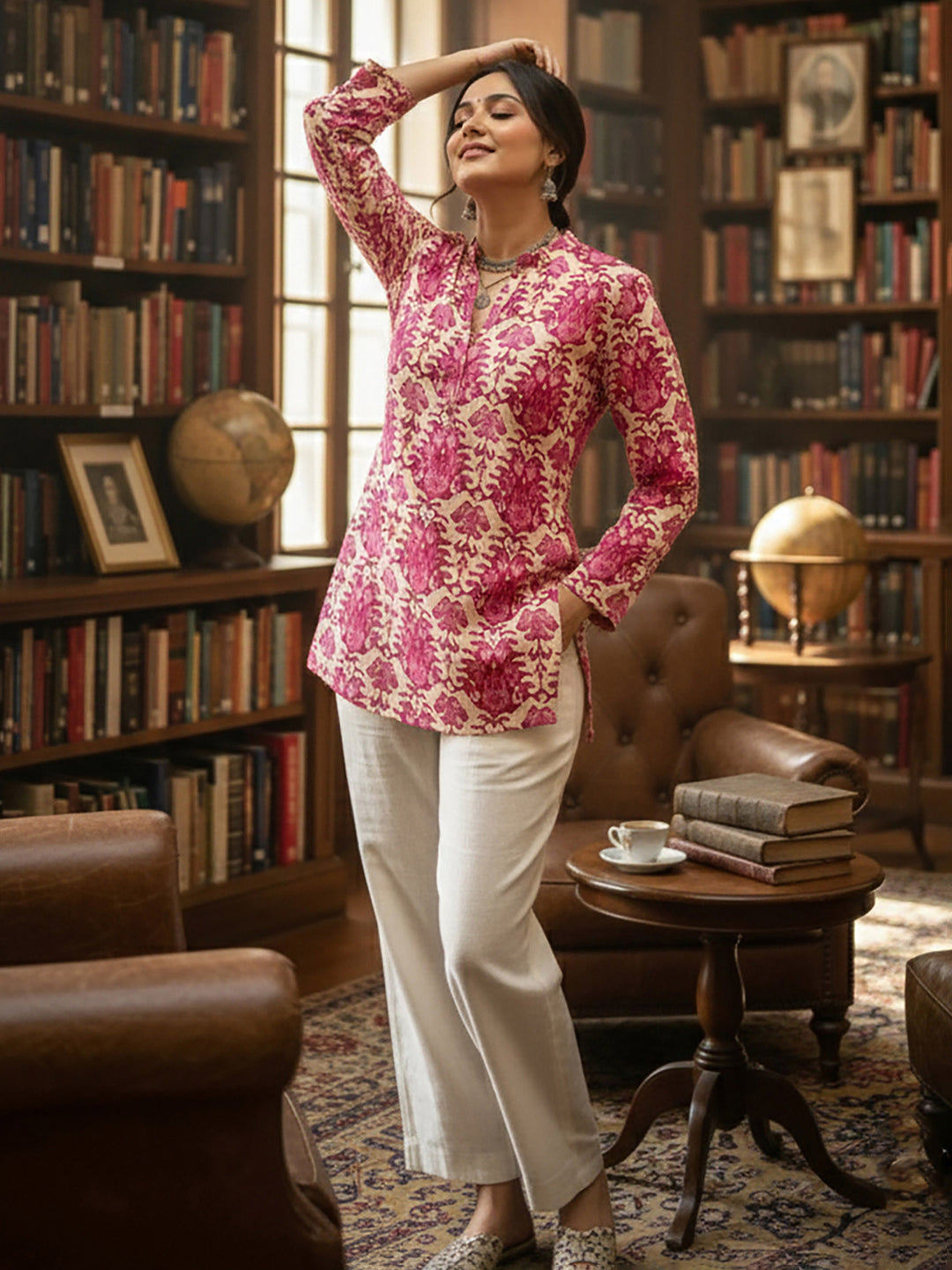 Pink Cotton Blend Printed Kurta
