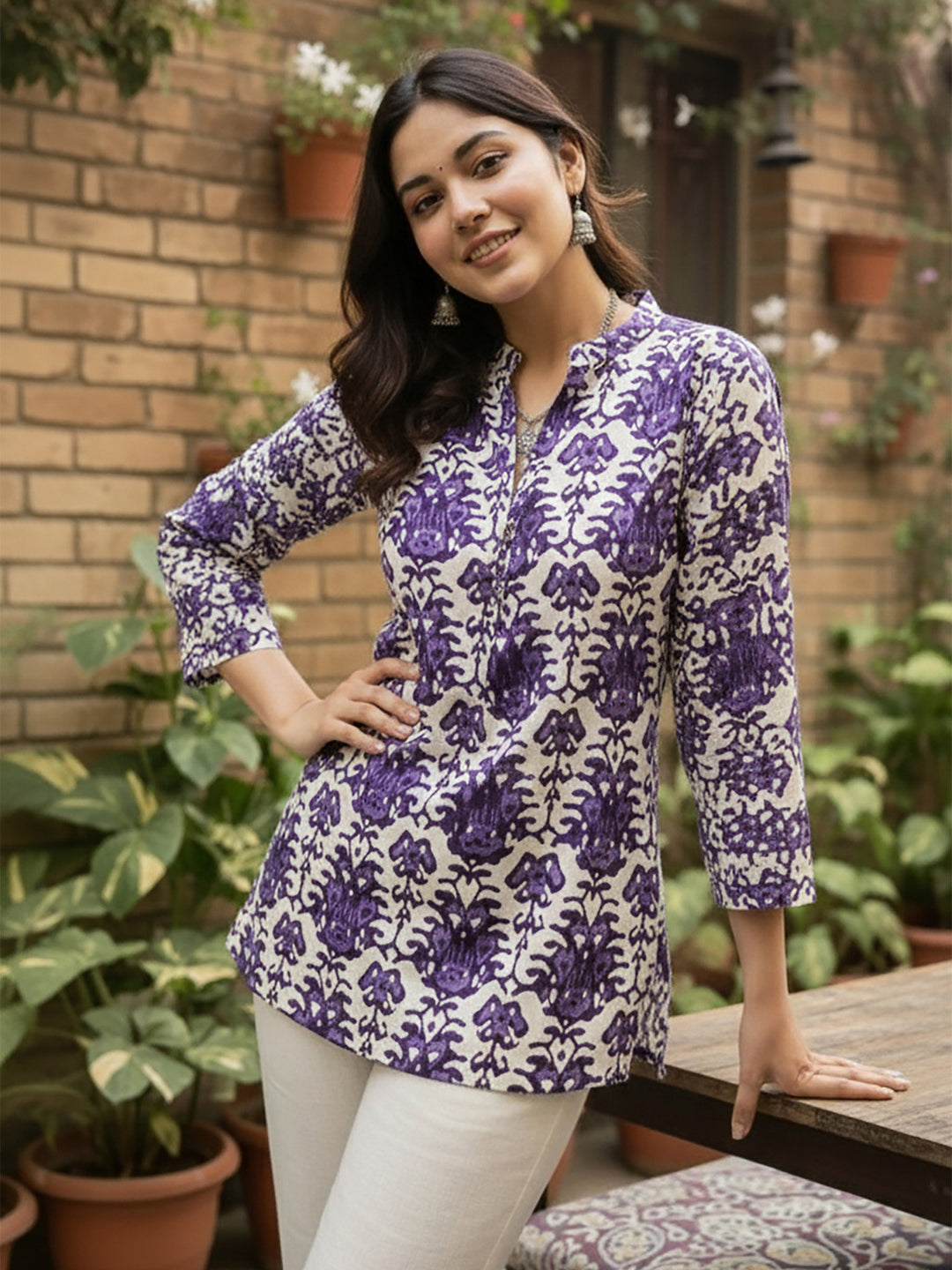 Purple Cotton Blend Printed Kurta