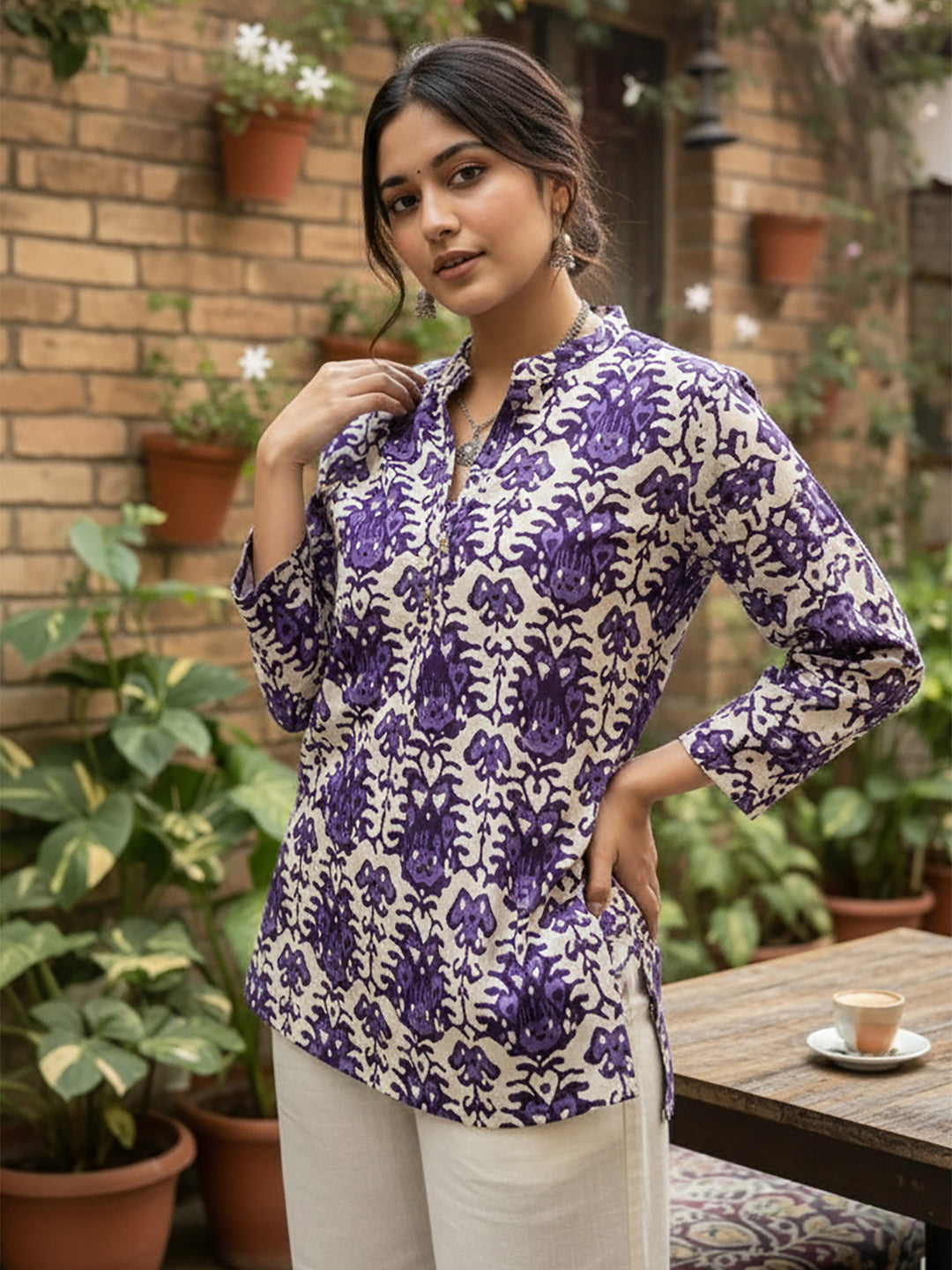Purple Cotton Blend Printed Kurta