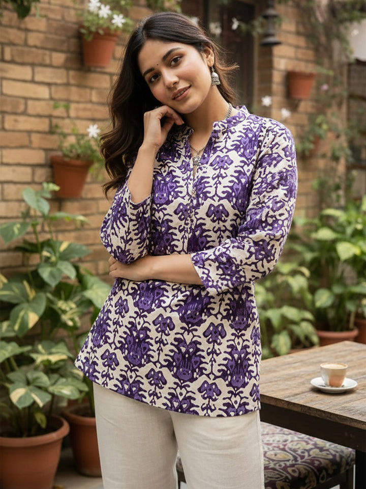 Purple Cotton Blend Printed Kurta
