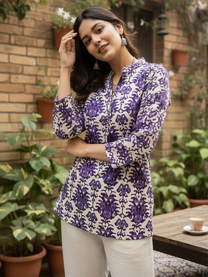 Purple Cotton Blend Printed Kurta