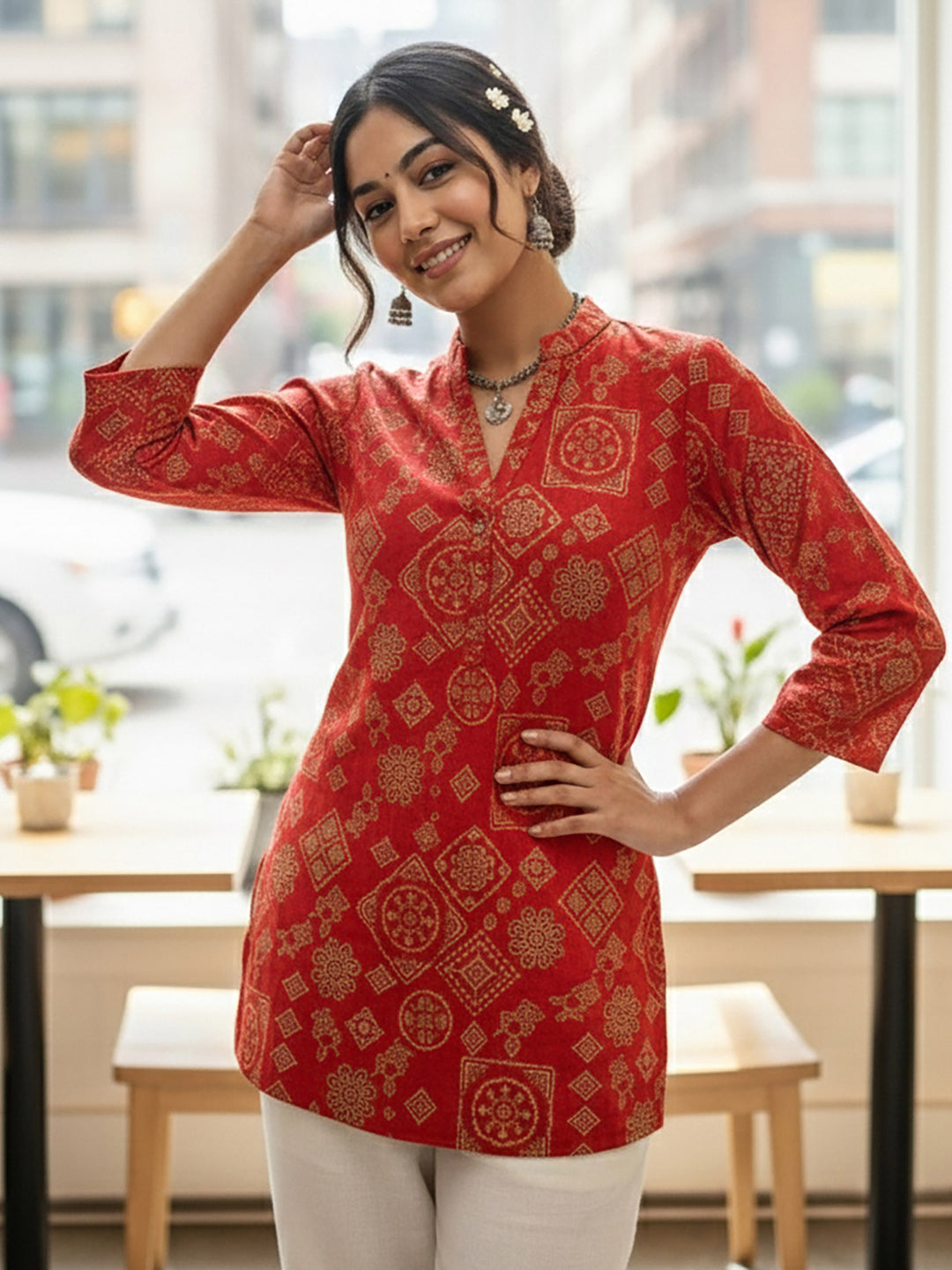 Red Cotton Blend Printed Kurta