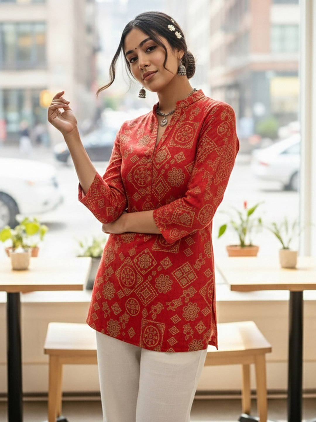 Red Cotton Blend Printed Kurta