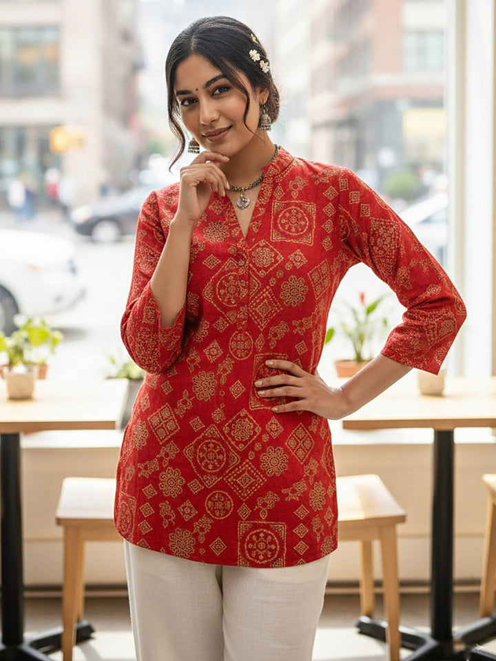 Red Cotton Blend Printed Kurta
