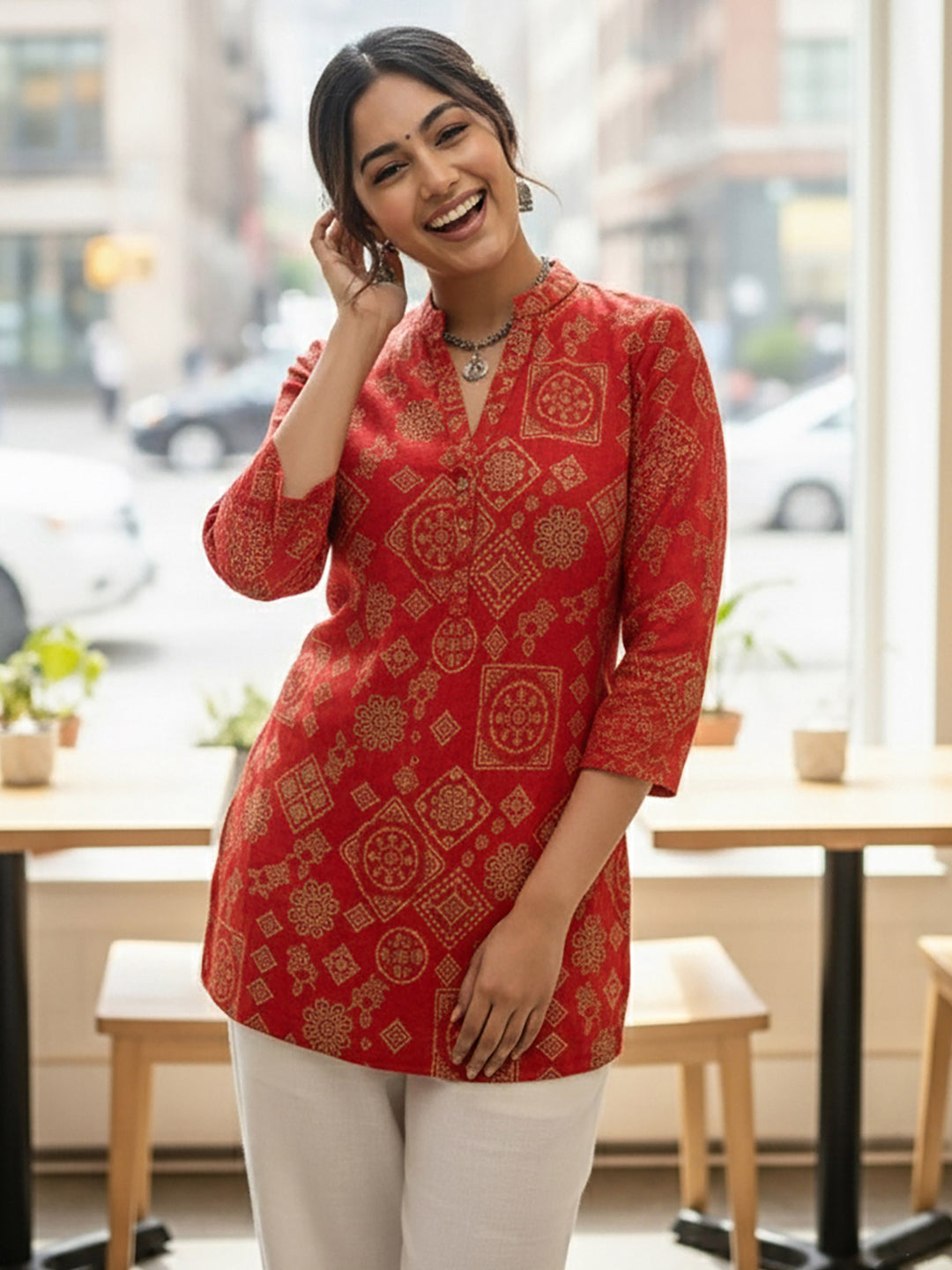 Red Cotton Blend Printed Kurta