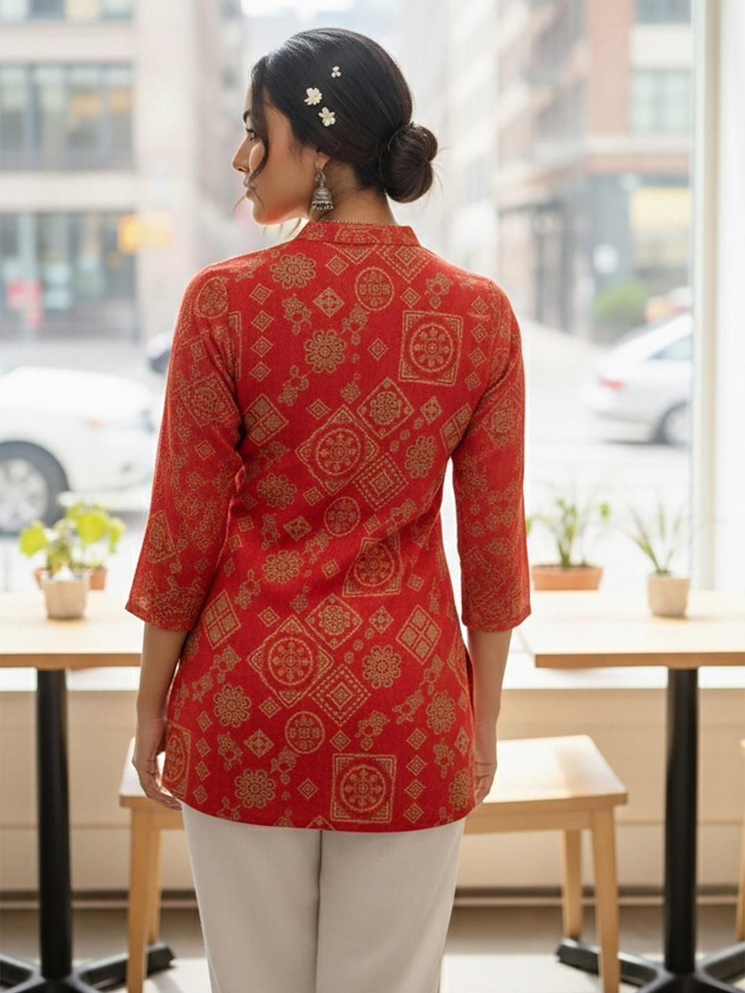 Red Cotton Blend Printed Kurta