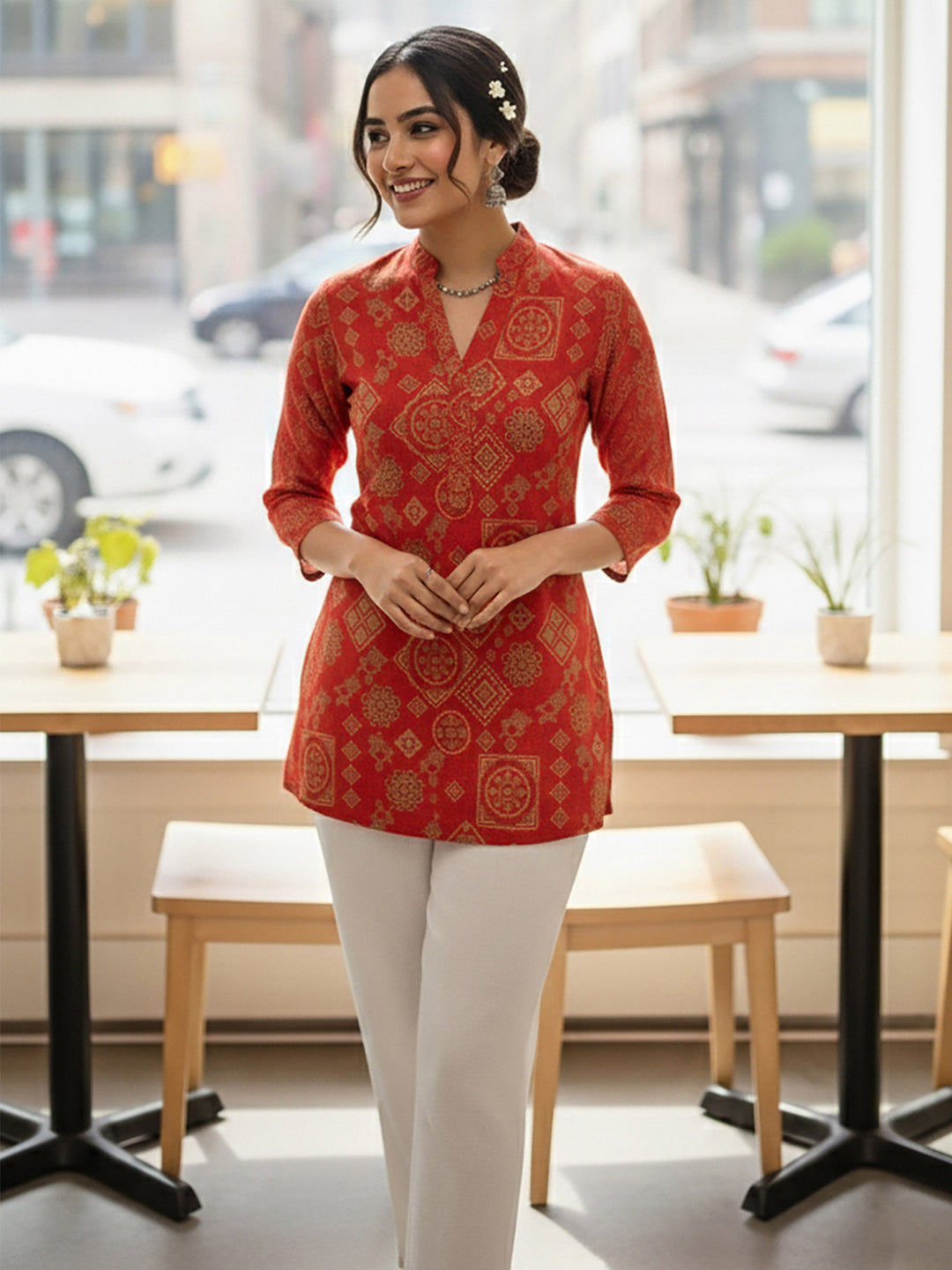 Red Cotton Blend Printed Kurta