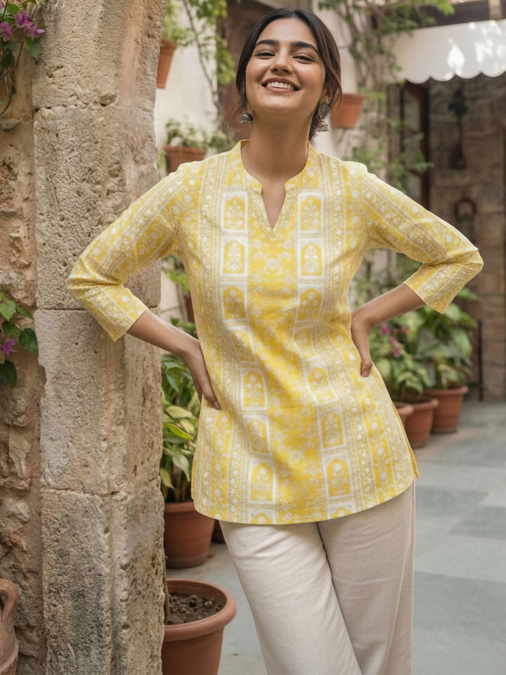 Yellow Cotton Blend Printed Kurta