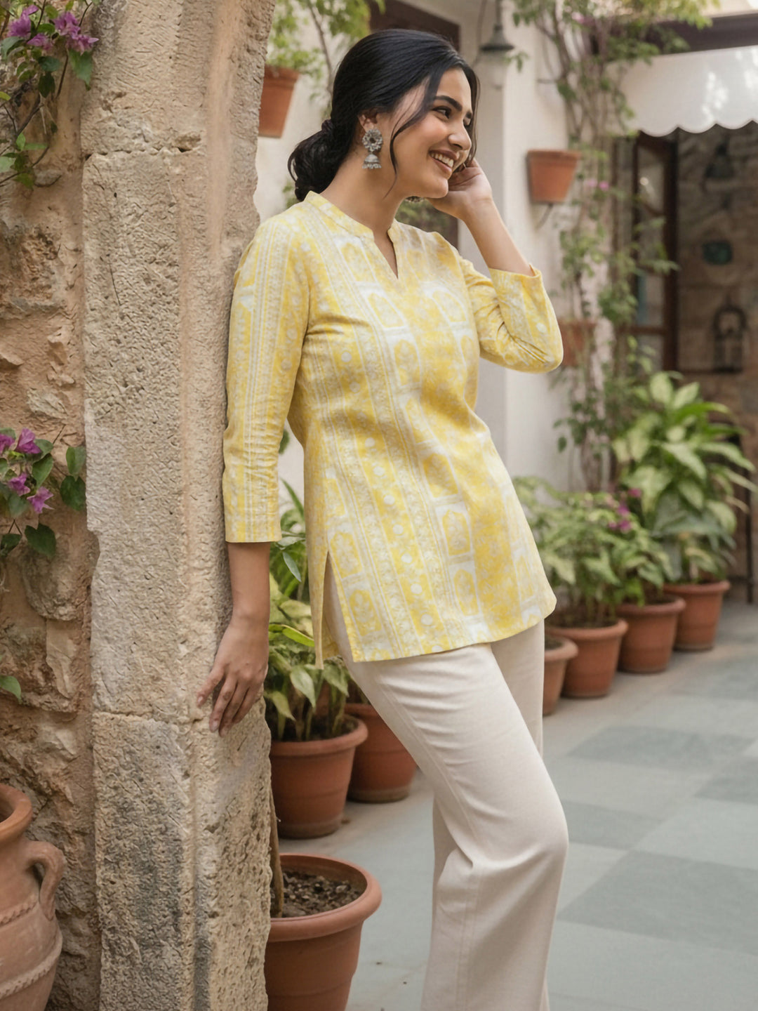 Yellow Cotton Blend Printed Kurta