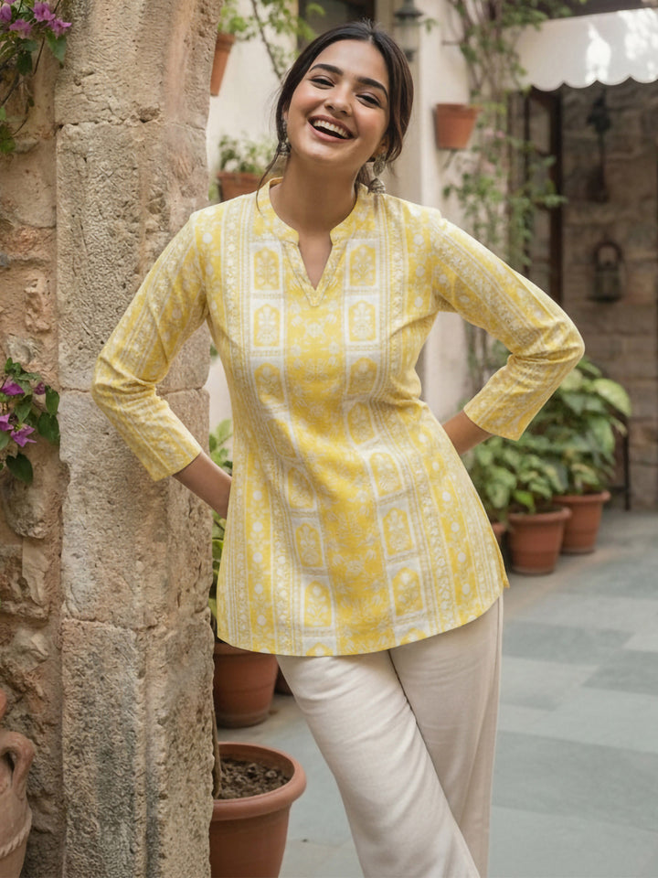 Yellow Cotton Blend Printed Kurta