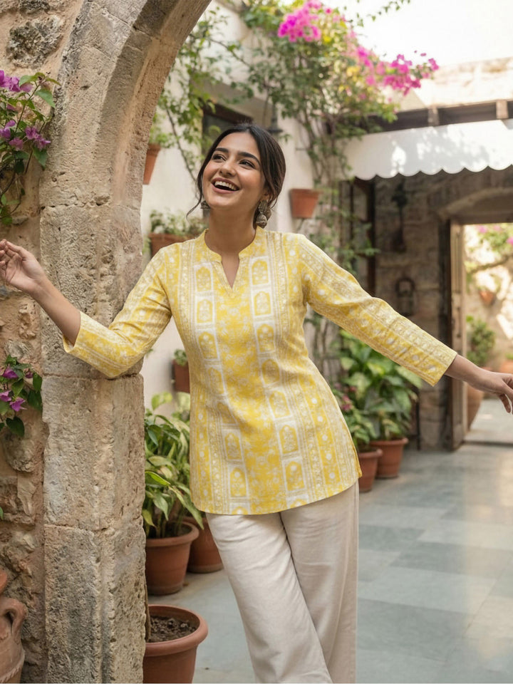 Yellow Cotton Blend Printed Kurta