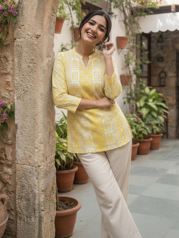 Yellow Cotton Blend Printed Kurta