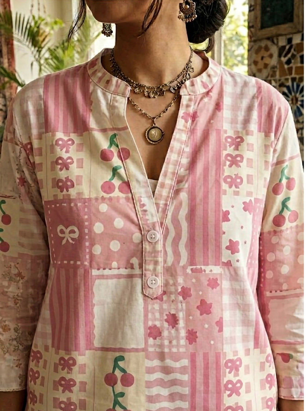 Pink Cotton Blend Printed Kurta