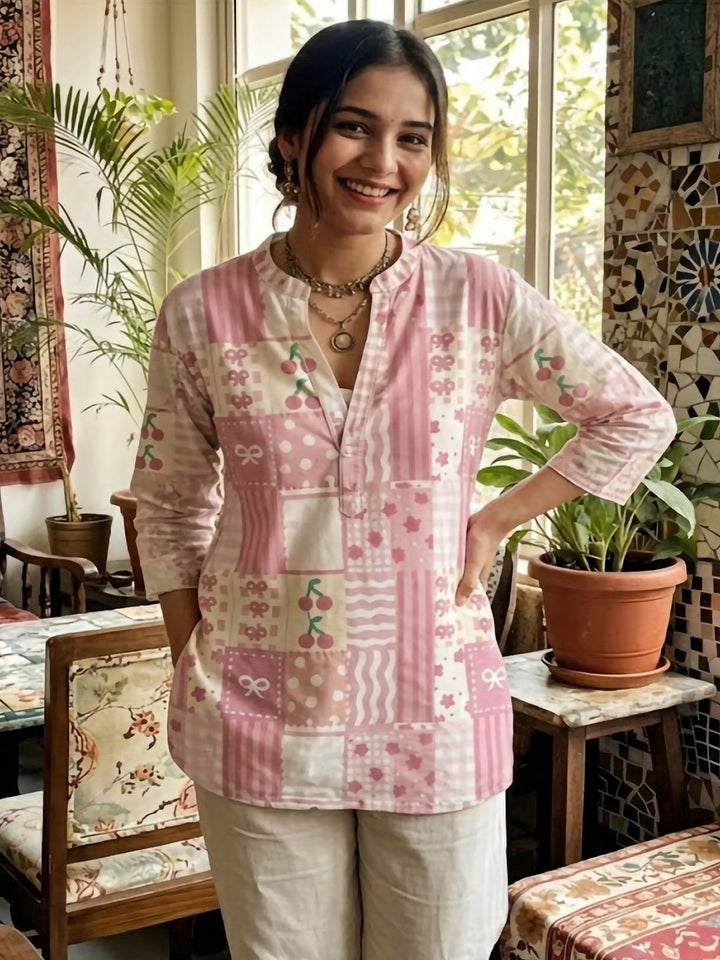 Pink Cotton Blend Printed Kurta