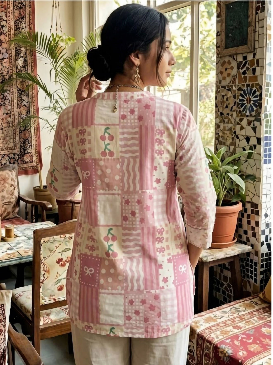 Pink Cotton Blend Printed Kurta