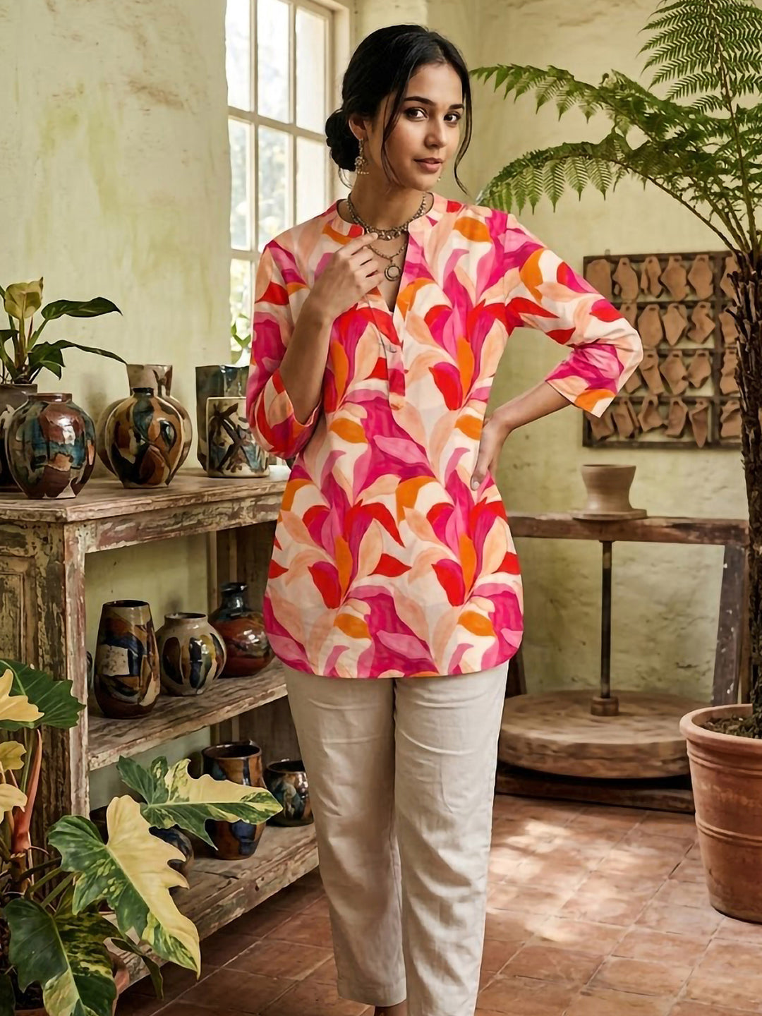 Pink Cotton Blend Printed Kurta