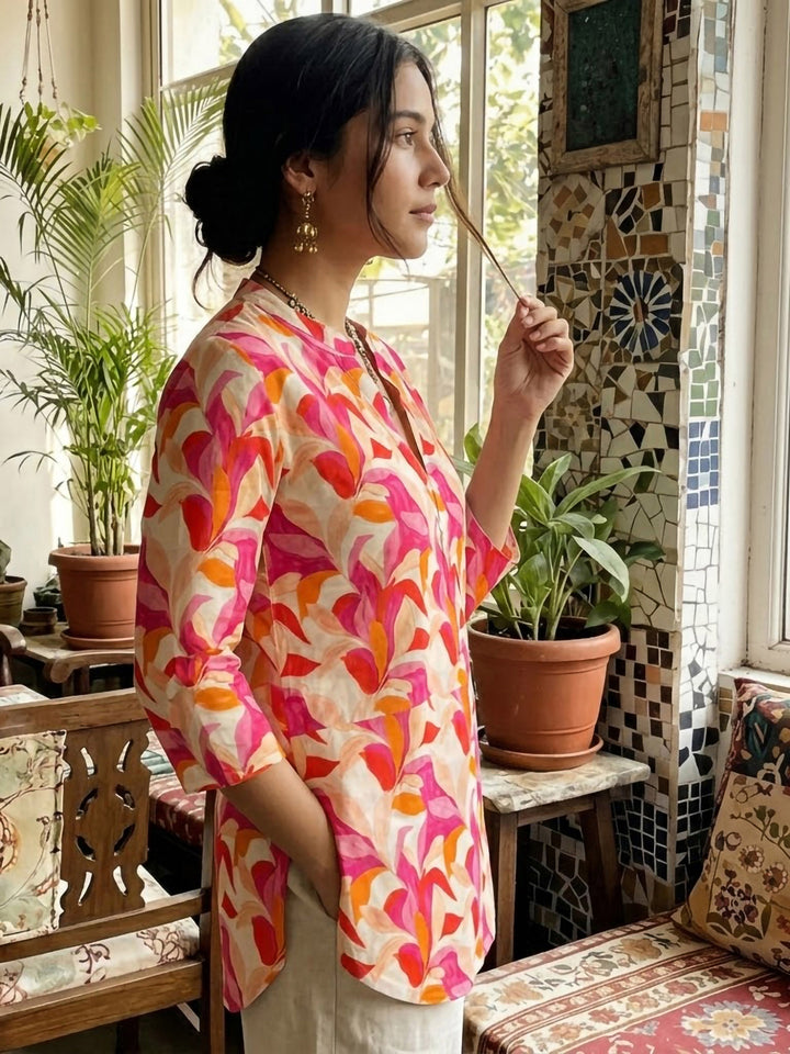 Pink Cotton Blend Printed Kurta
