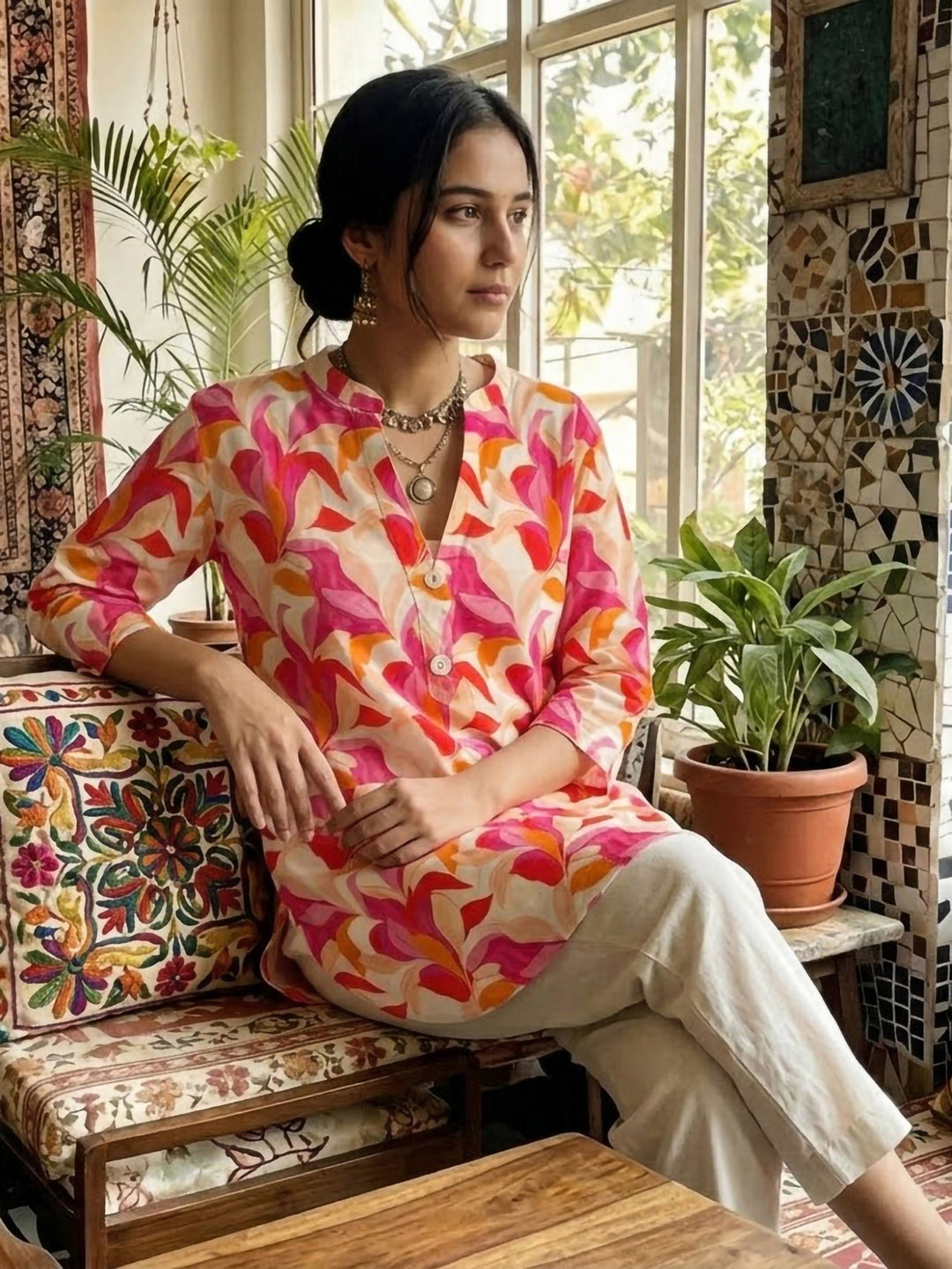 Pink Cotton Blend Printed Kurta