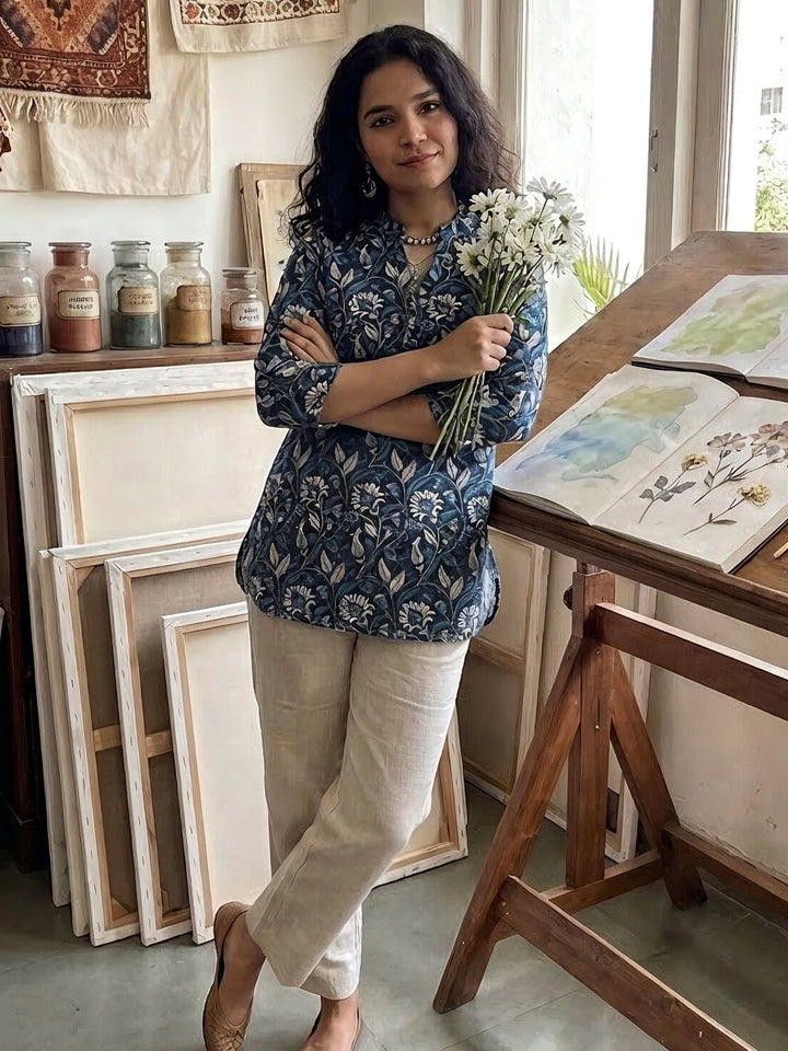 Blue Cotton Blend Printed Kurta