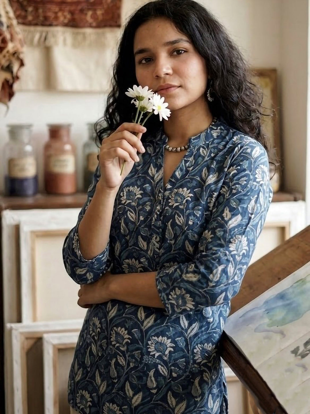 Blue Cotton Blend Printed Kurta