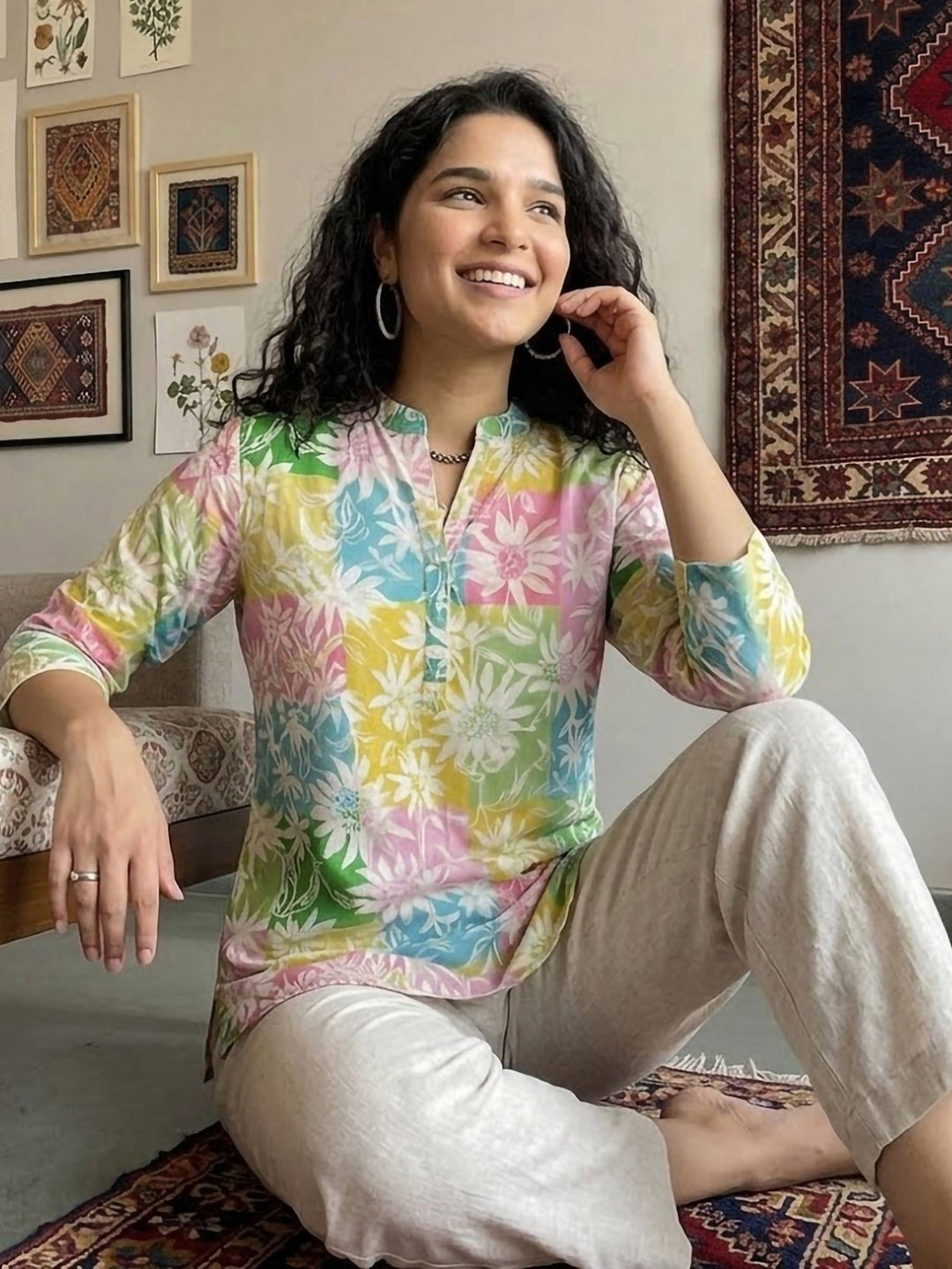 Multi-Colored Cotton Blend Printed Kurta