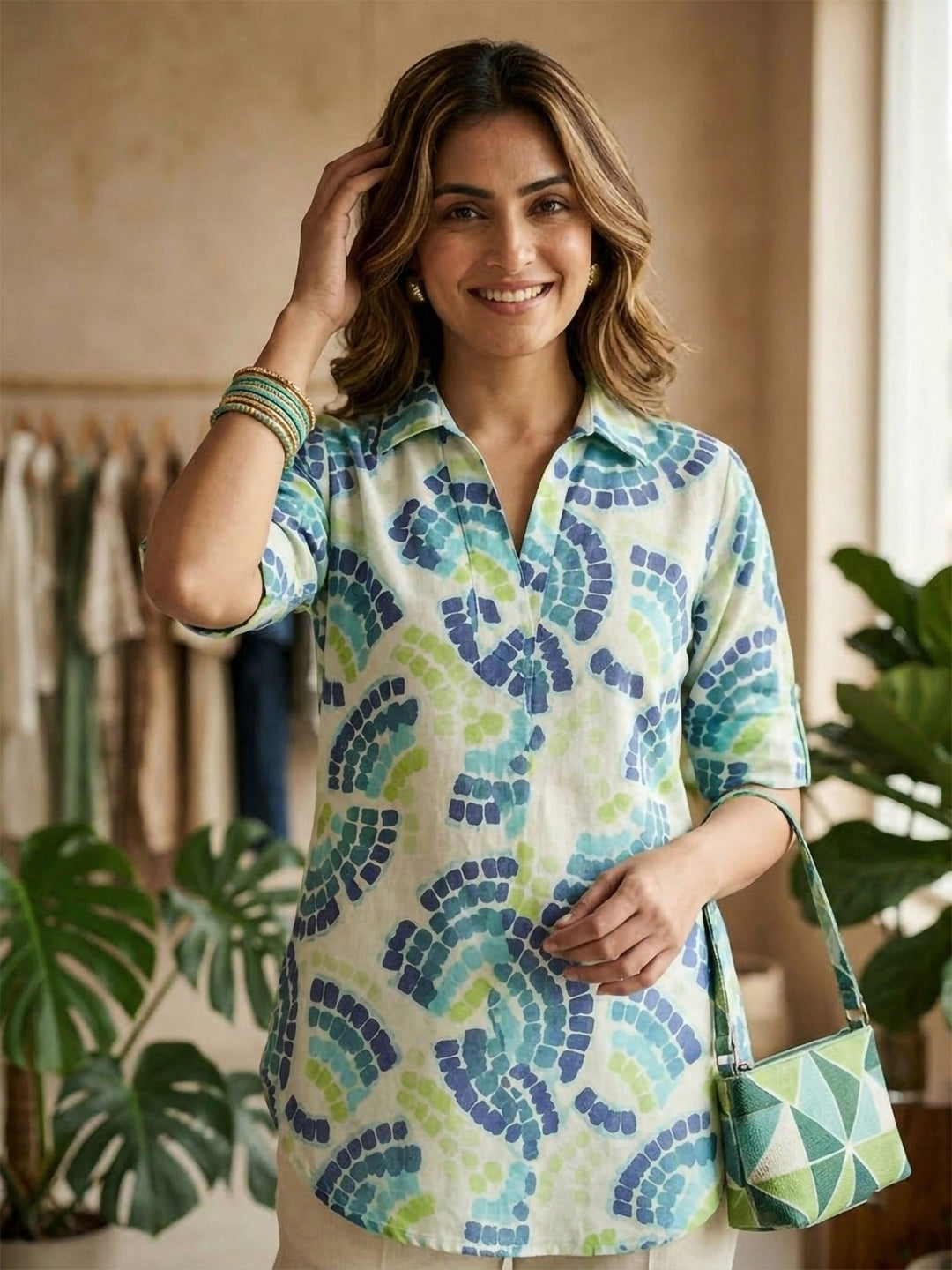 Green Cotton Blend Printed Kurta