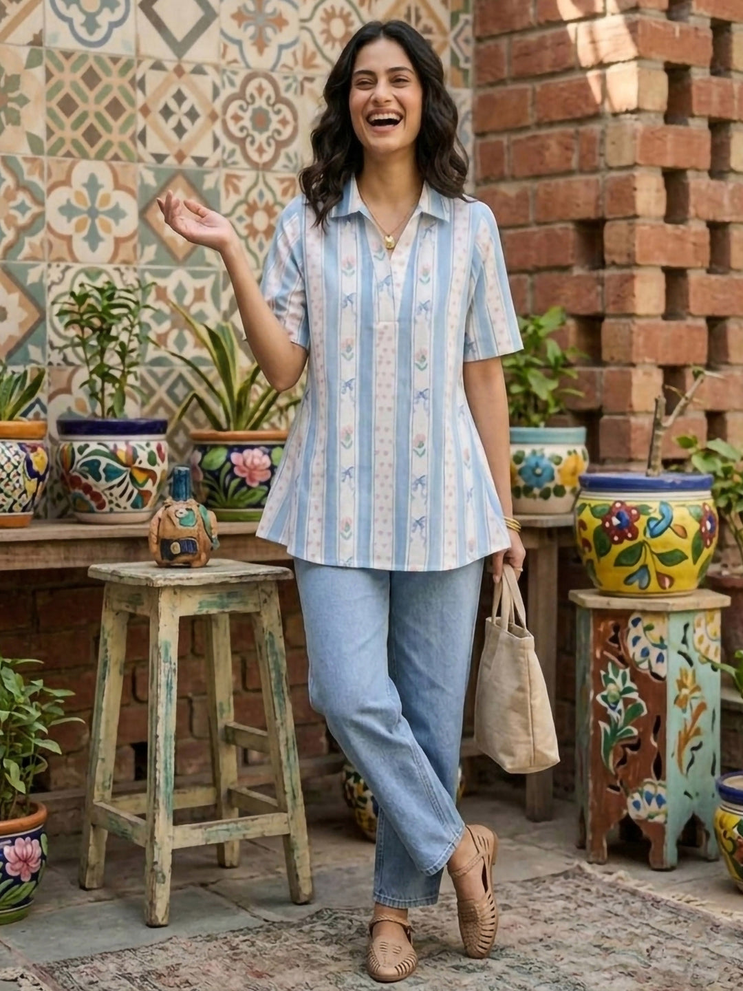 Blue Cotton Blend Printed Kurta