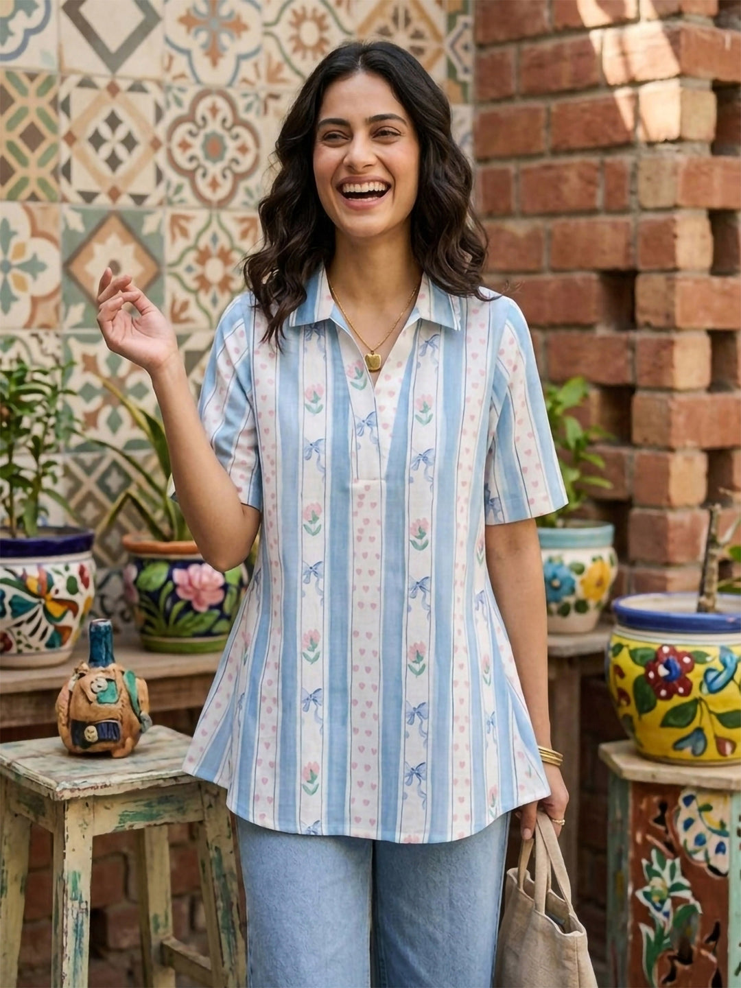 Blue Cotton Blend Printed Kurta