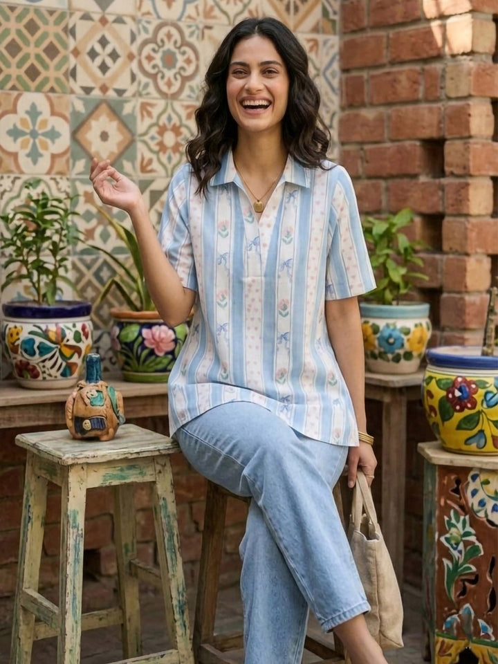 Blue Cotton Blend Printed Kurta