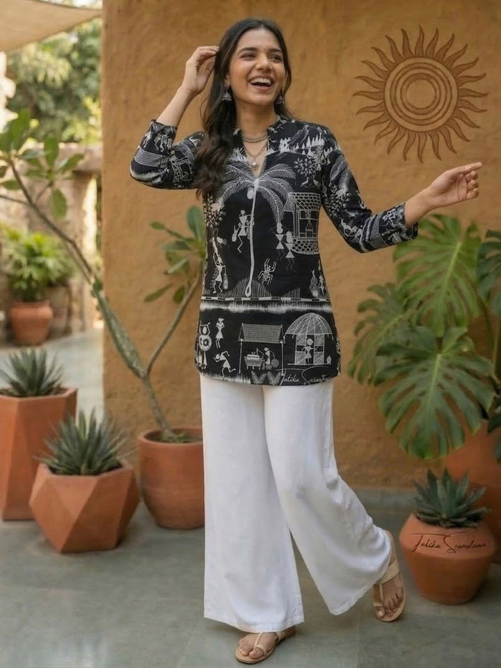 Black Cotton Blend Printed Kurta