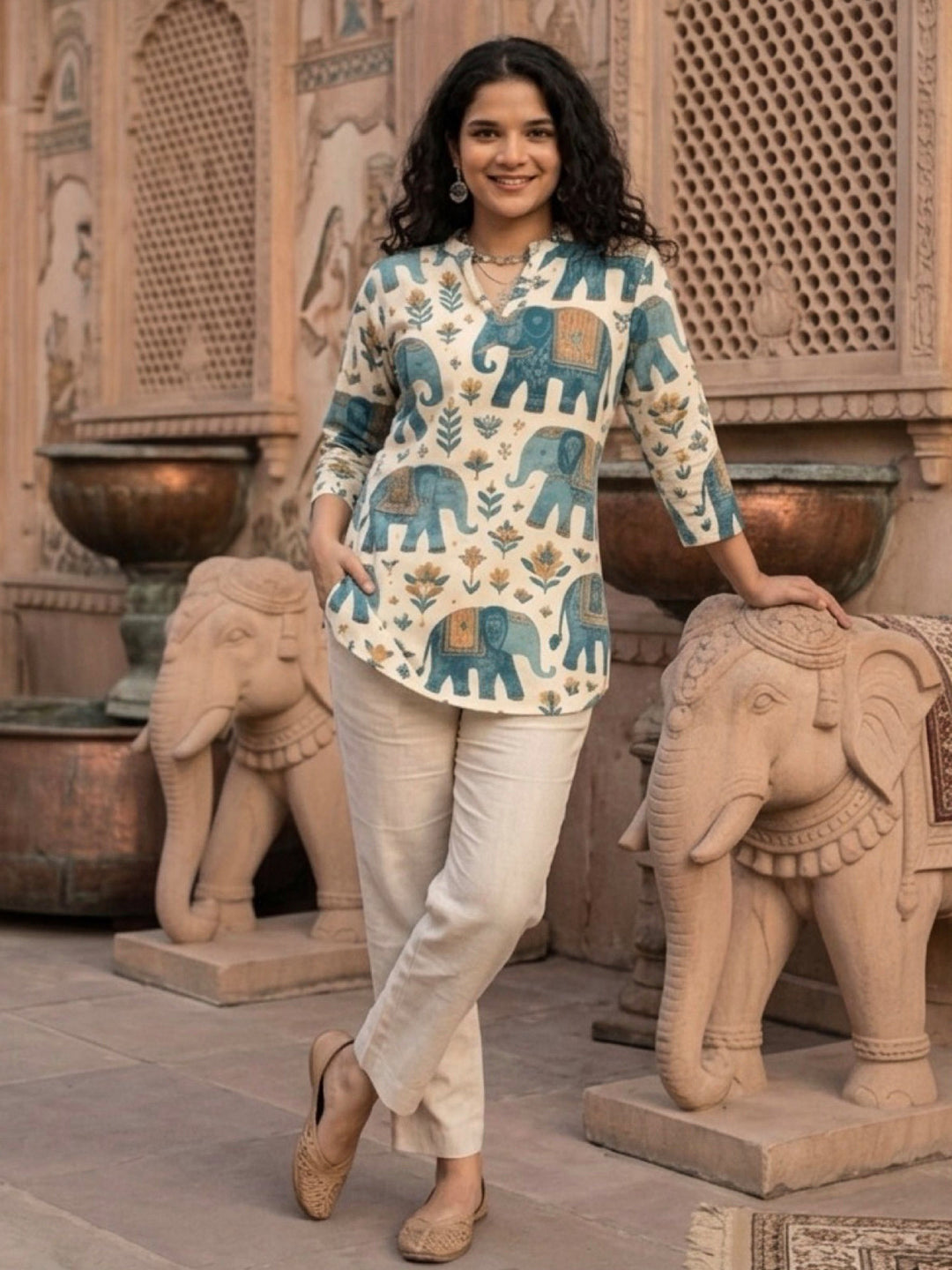 Blue Cotton Blend Printed Kurta