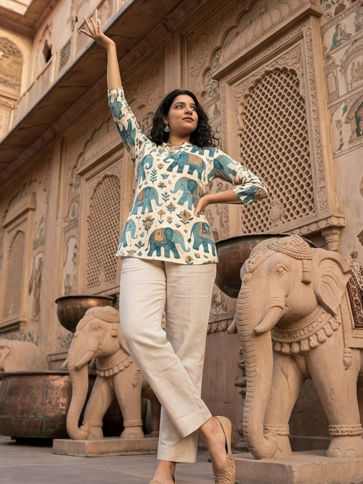 Blue Cotton Blend Printed Kurta