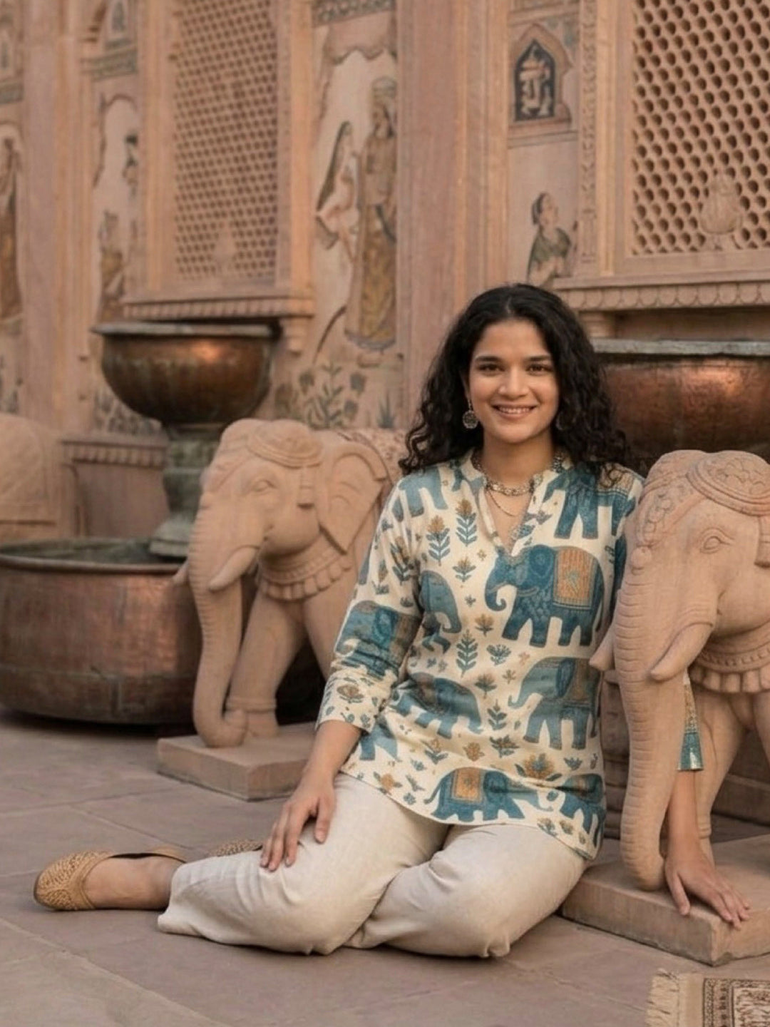 Blue Cotton Blend Printed Kurta