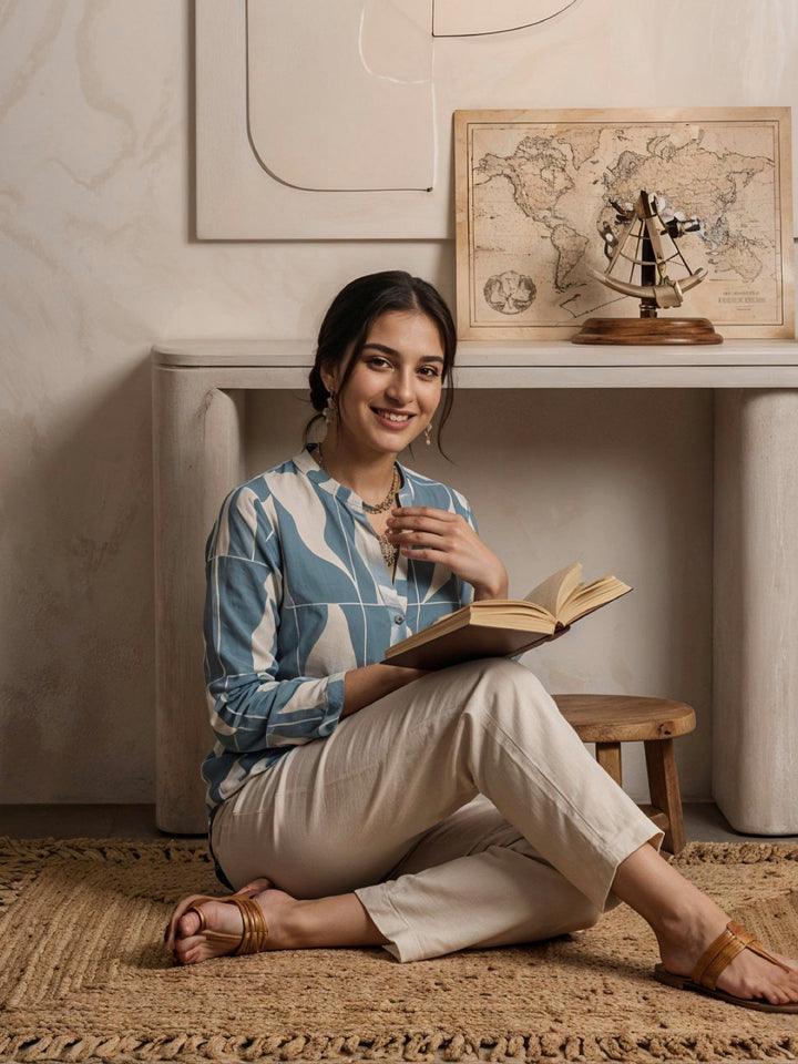 Blue Cotton Blend Printed Kurta