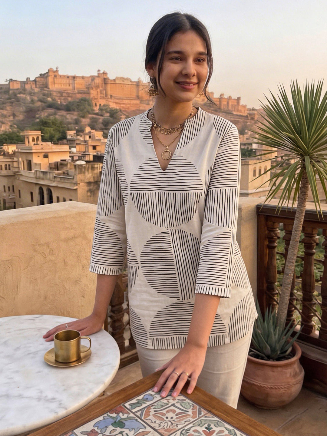 Cream Cotton Blend Printed Kurta