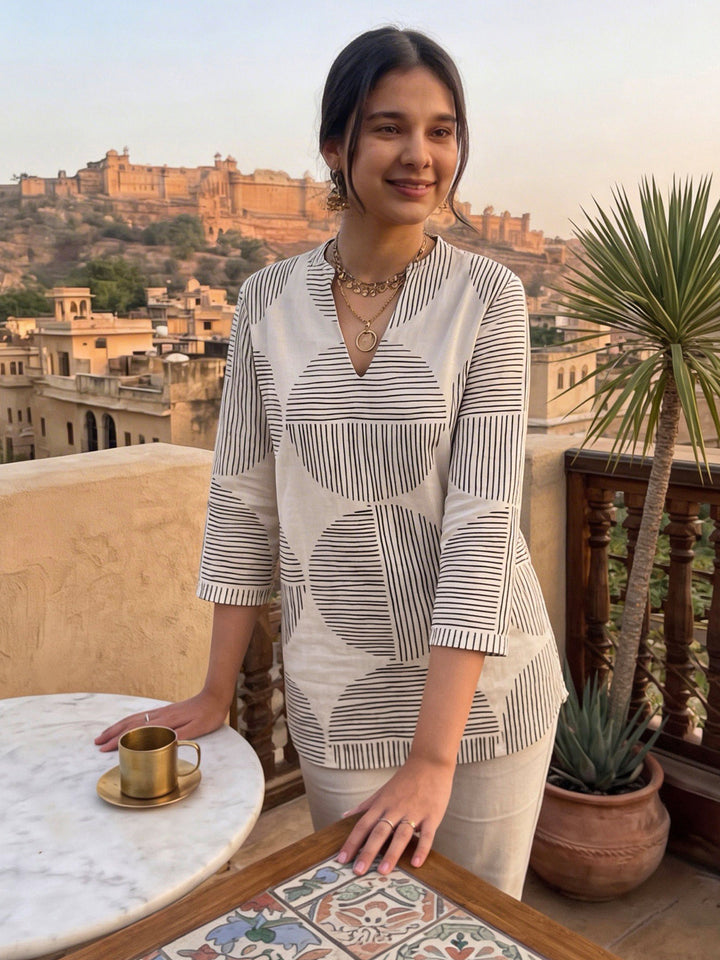 Cream Cotton Blend Printed Kurta
