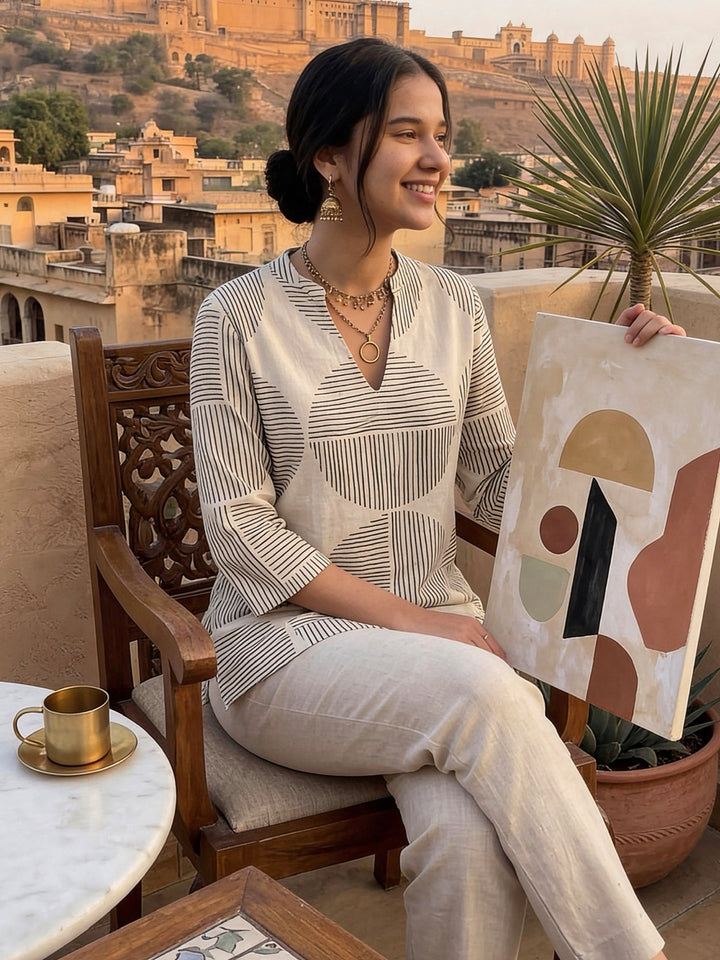 Cream Cotton Blend Printed Kurta