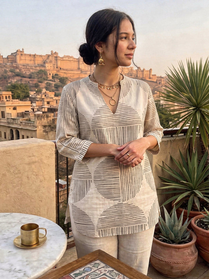 Cream Cotton Blend Printed Kurta