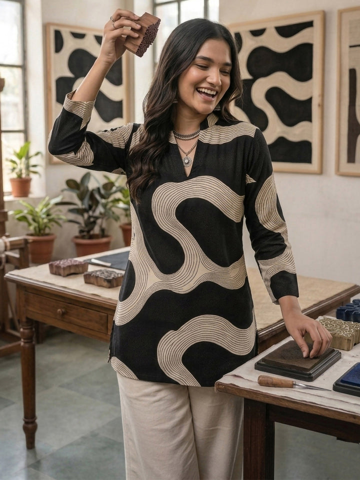 Black Cotton Blend Printed Kurta