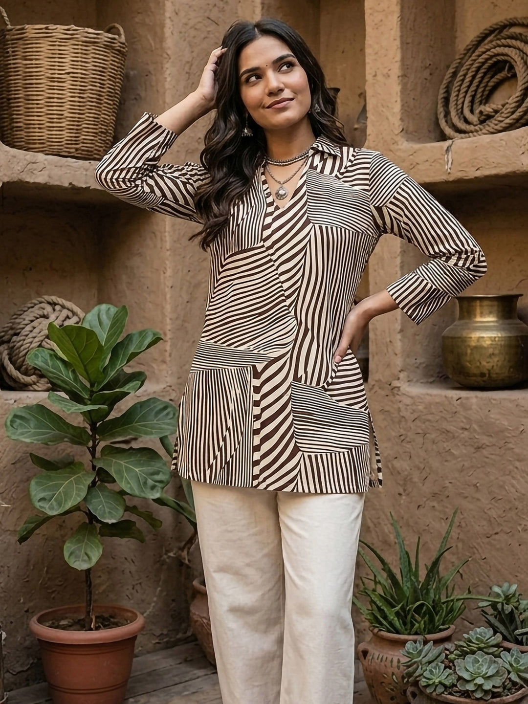 Brown Cotton Blend Printed Kurta