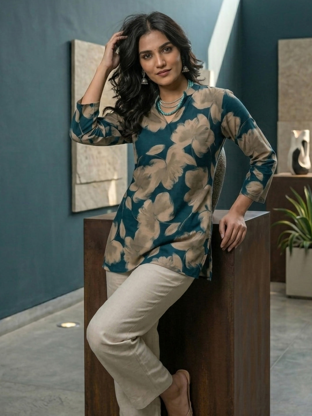 Green Cotton Blend Printed Kurta