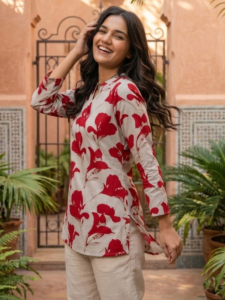 Red Cotton Blend Printed Kurta